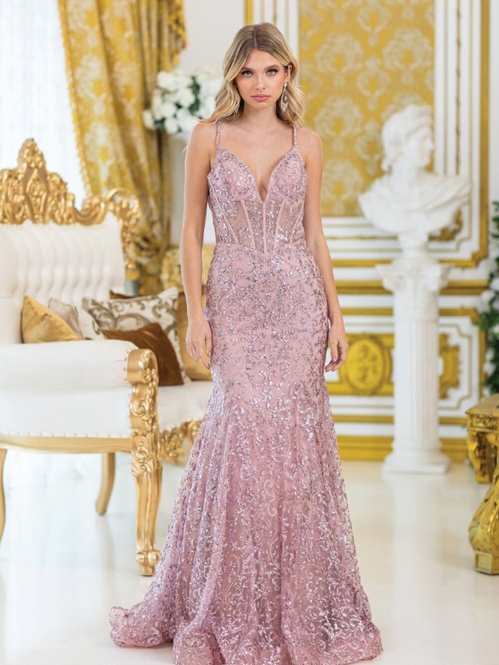 NEW ROSE GOLD Beaded Spaghetti Strap Prom Gown Floor Length Embellished 4464